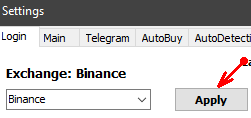 Окно Settings - Exchange Binance